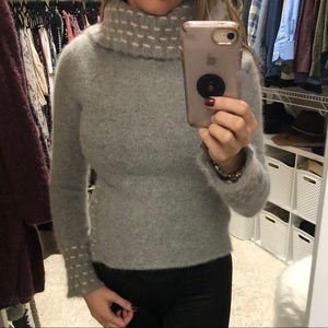 Angora Rabbit Fur Lambs Wool Blend Light Pink Grey Stitch Turtleneck Sweater